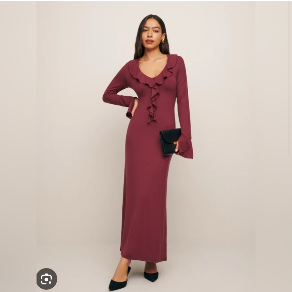 Reformation Burgundy Plunge Neck Ruffle Maxi Dress Size: 0